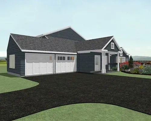 Modern gray suburban house with white garage doors and a dark driveway in front