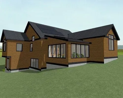 Modern brown two-story house with black roof and large windows on a grassy lot