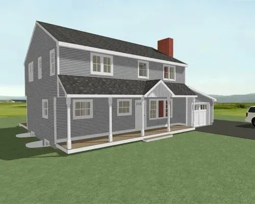 Gray two-story house with white trim, red brick chimney, and front porch on a grassy lot
