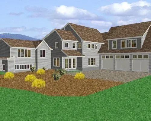 Suburban house with gray siding, brown roof, garage, and yellow shrubs in a landscaped front yard.