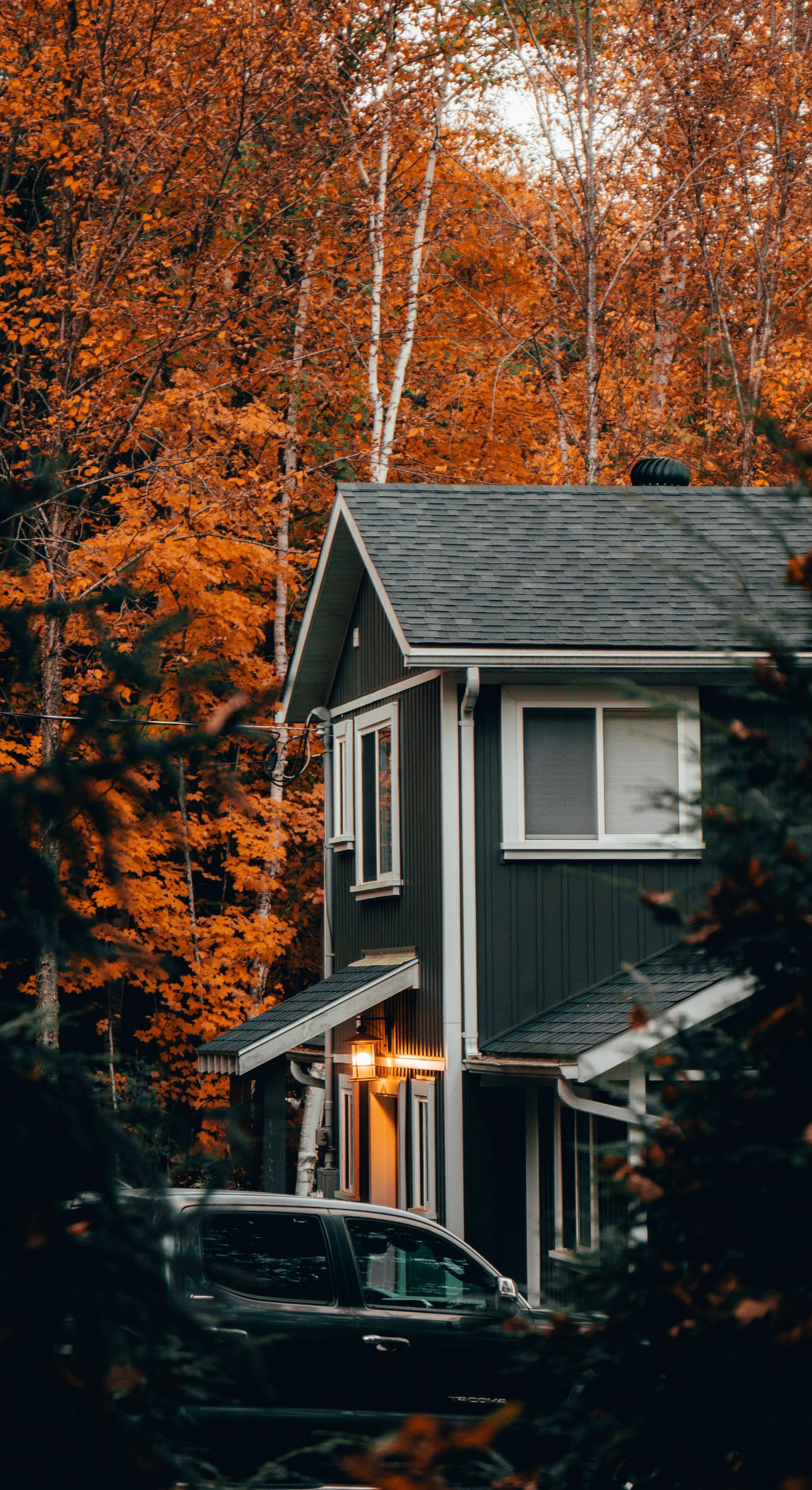 Dark gray house beside orange autumn trees, with lit porch lights at dusk.