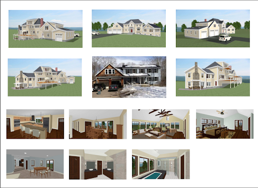 Collage of house exterior renderings and interior room designs in a modern home plan showcase