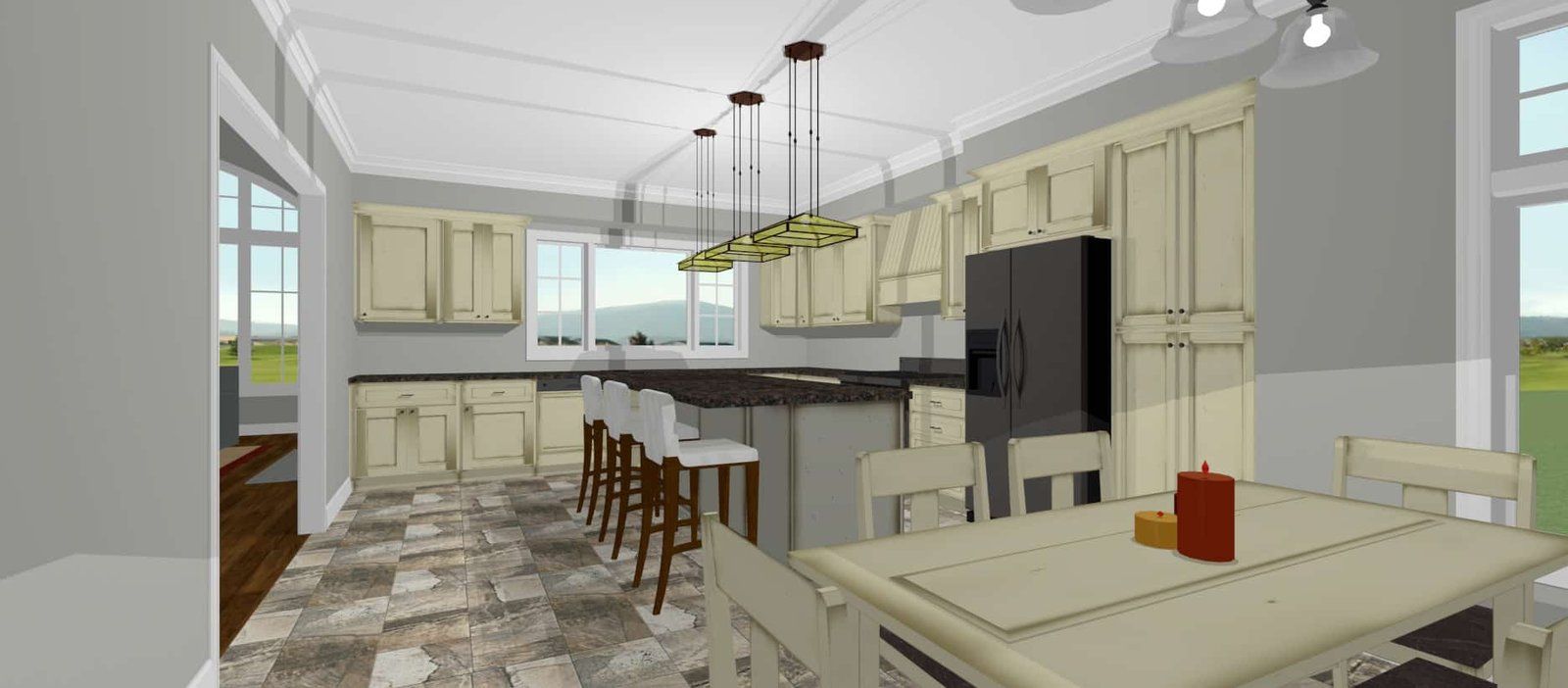 Bright modern kitchen with cream cabinets, island seating, pendant lights, and a dining table by the window