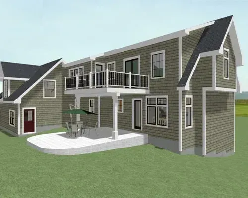 Modern two-story house with gray siding, white trim, and a patio in a grassy yard