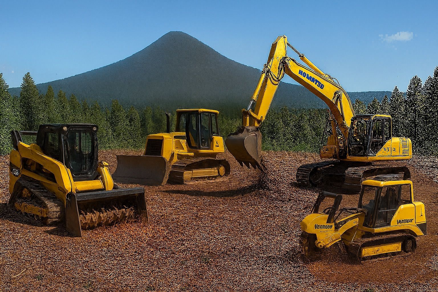 Yellow construction machinery on a rocky site with a mountain in the background
