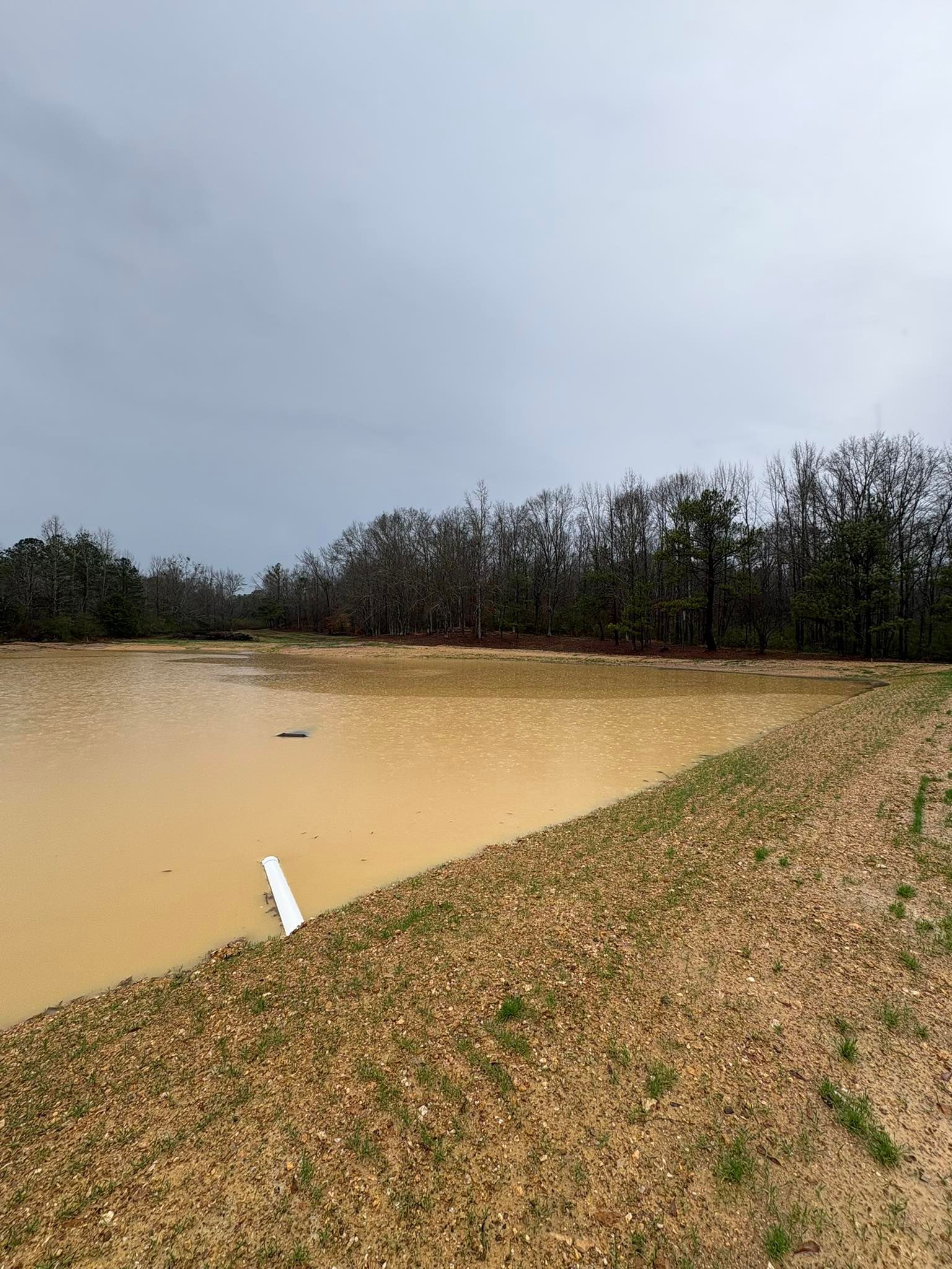 Muddy floodwater beside a gravel path and leafless trees under a gray sky