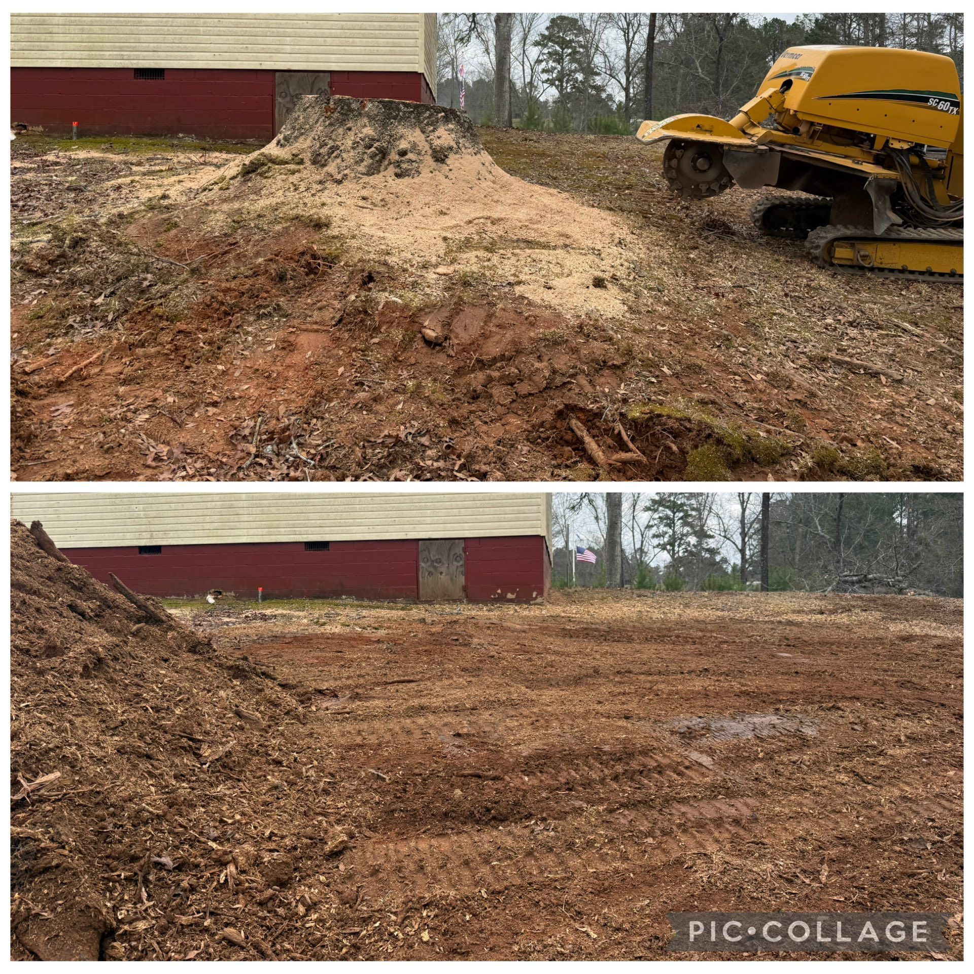Bulldozer leveling a dirt lot beside a red barn, shown in before-and-after split view
