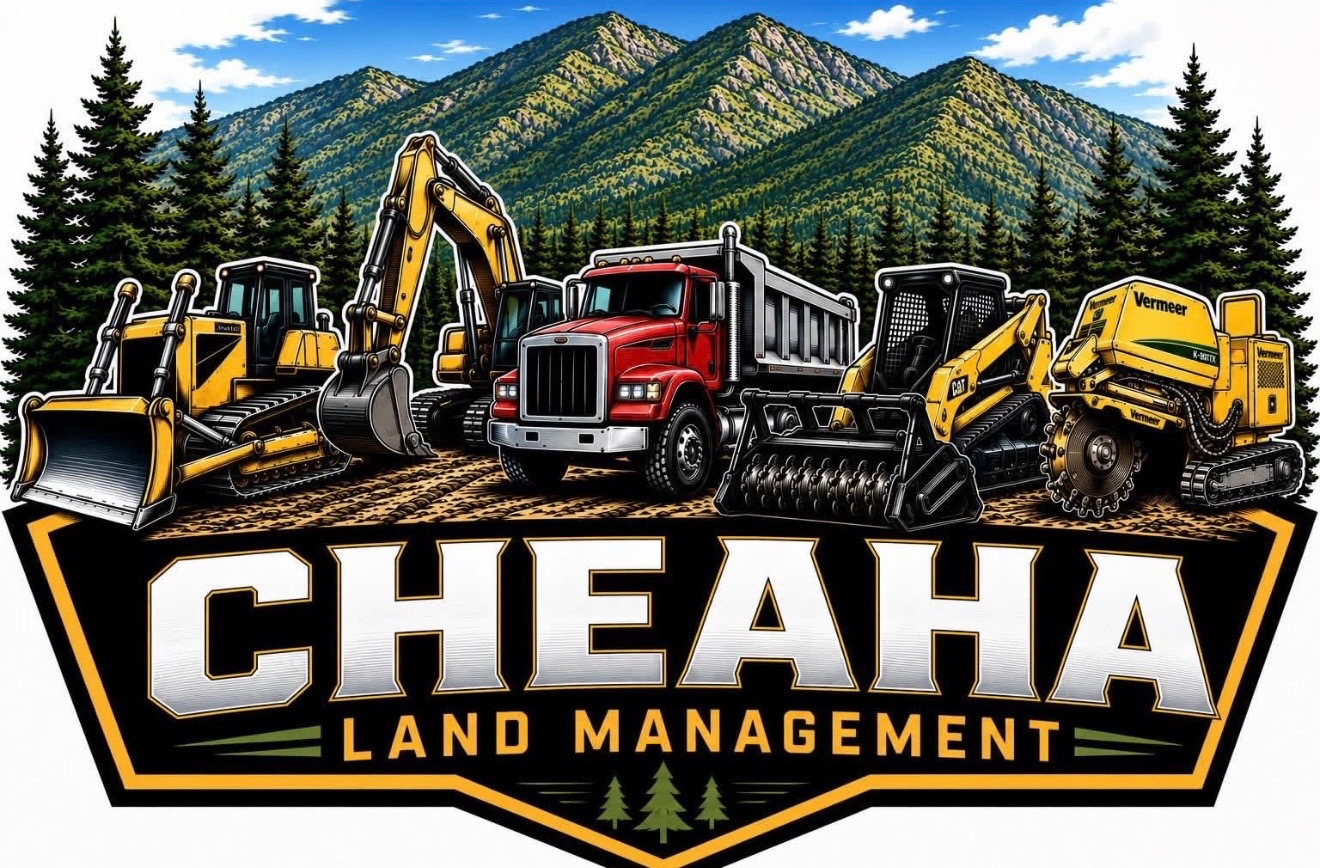 CHEAHA Land Management logo with excavators, dump truck, and mountain forest backdrop