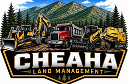 CHEAHA Land Management logo with excavators, dump truck, and mountain forest backdrop