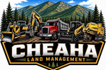 CHEAHA Land Management logo with excavators, dump truck, and mountain forest backdrop