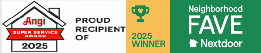 Angi 2025 Proud Recipient and 2025 Nextdoor Neighborhood Fave winner badges with trophies on green background