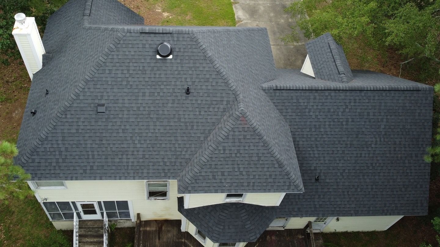 Aerial view of architectural shingles installed on a Charleston-area home