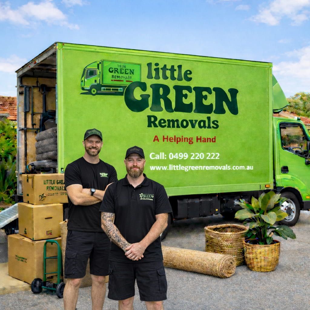 Two Movers Standing Beside a Bright Green Little Green Removals Truck — Little Green Removals Geelong in Breakwater, VIC