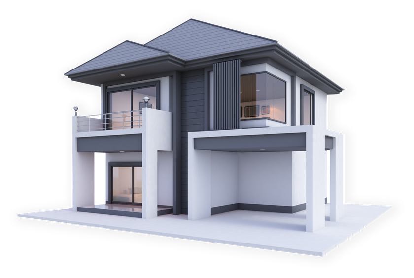 Modern two-story house exterior render with gray roof and white walls