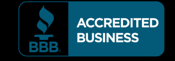 BBB Accredited Business badge with teal and black logo and white text