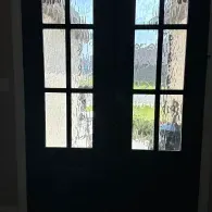 Dark door with frosted glass panes, opening to a bright outdoor view of greenery.