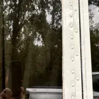 Rain-soaked window with tree reflections and a riveted metal beam in the foreground