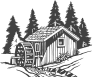 A black and white drawing of a cabin in the woods surrounded by trees.