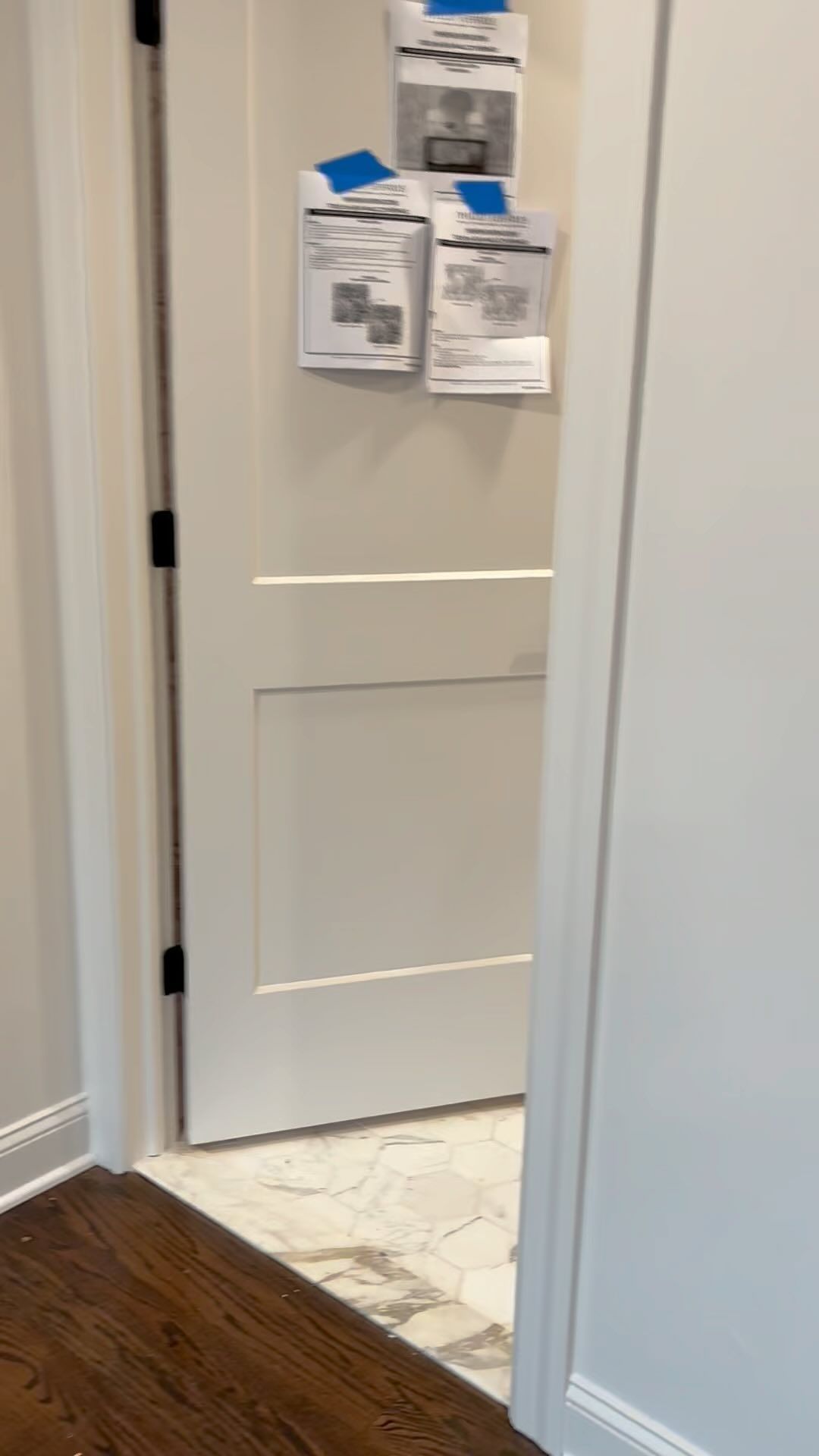 A hallway with a white door and a wooden floor.