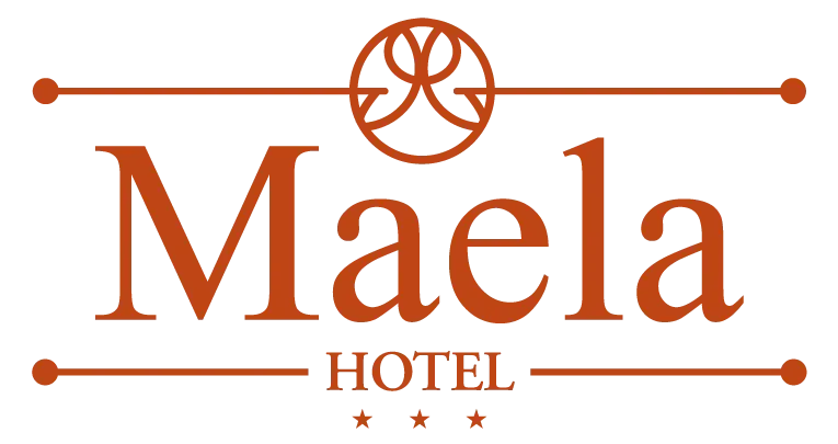The Maela Hotel logo featuring stylized lettering in brown, a geometric icon above, and three stars centered below.