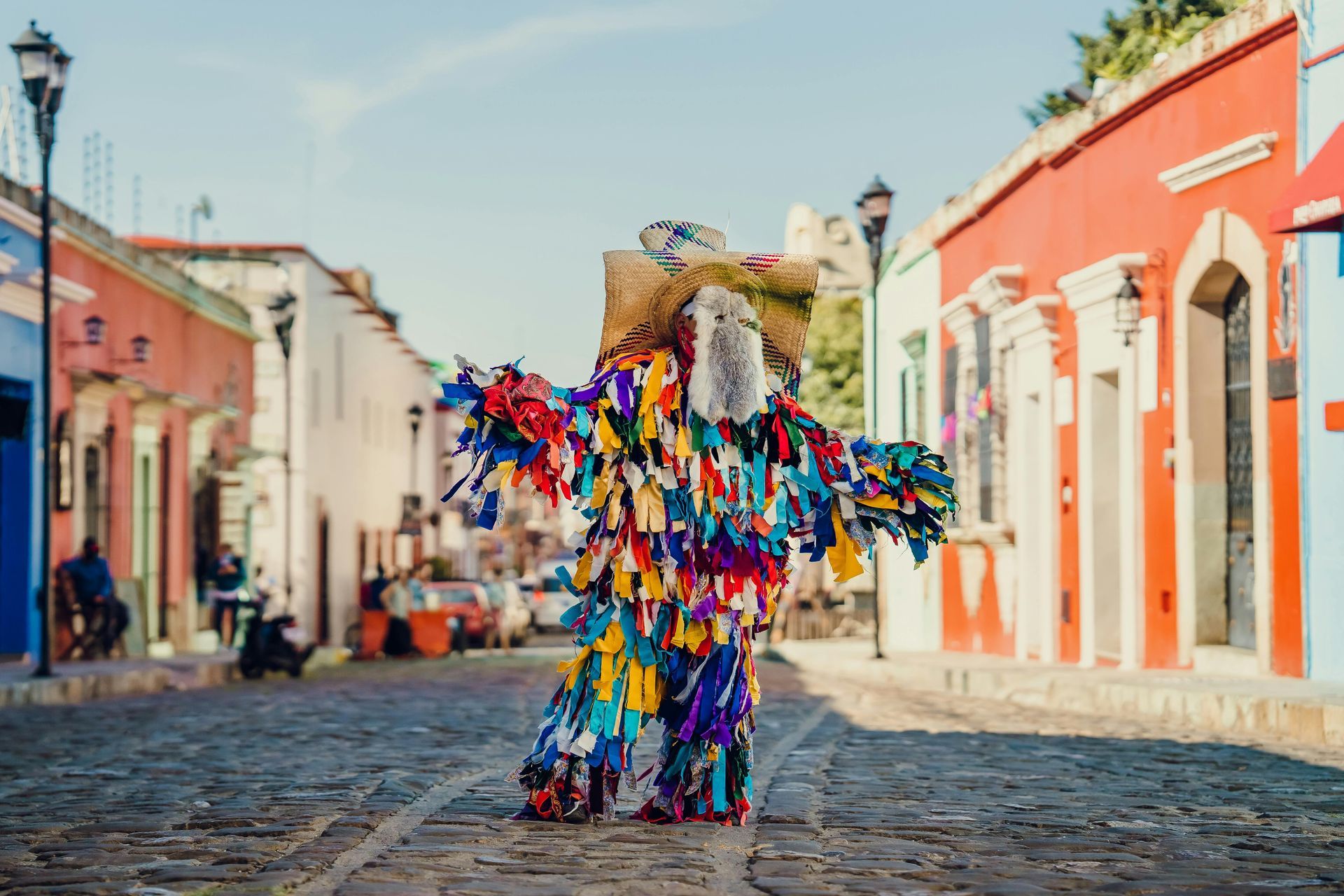 Una persona con un llamativo traje multicolor con flecos se encuentra de pie.