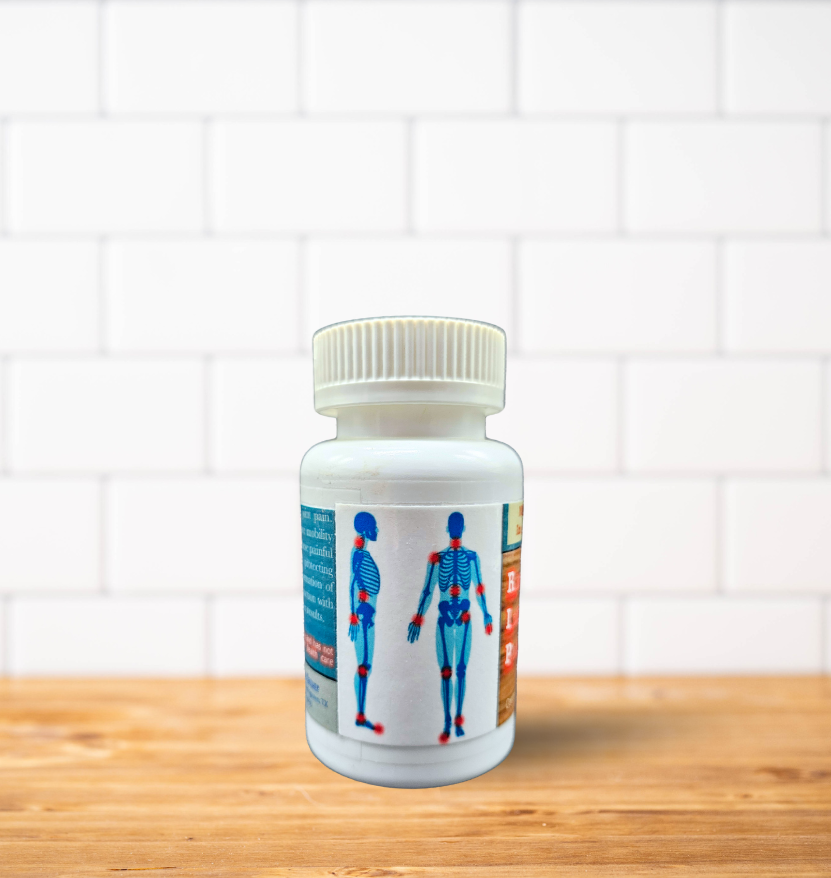 A bottle of pills with a picture of a skeleton on it is sitting on a wooden table.