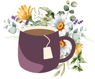 A cup of coffee with a tea bag in it is surrounded by flowers.
