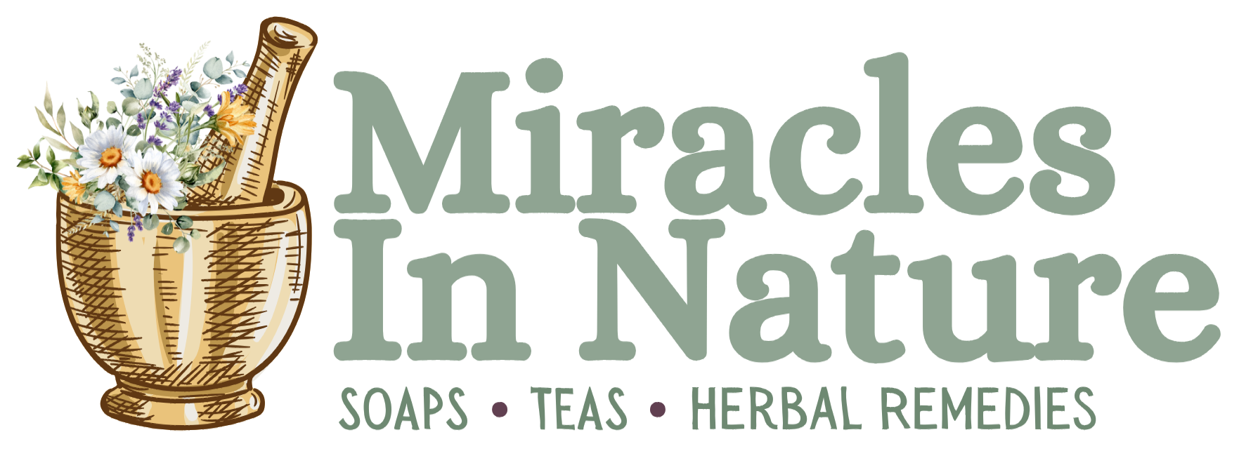 A logo for miracles in nature soaps , teas , herbal remedies.