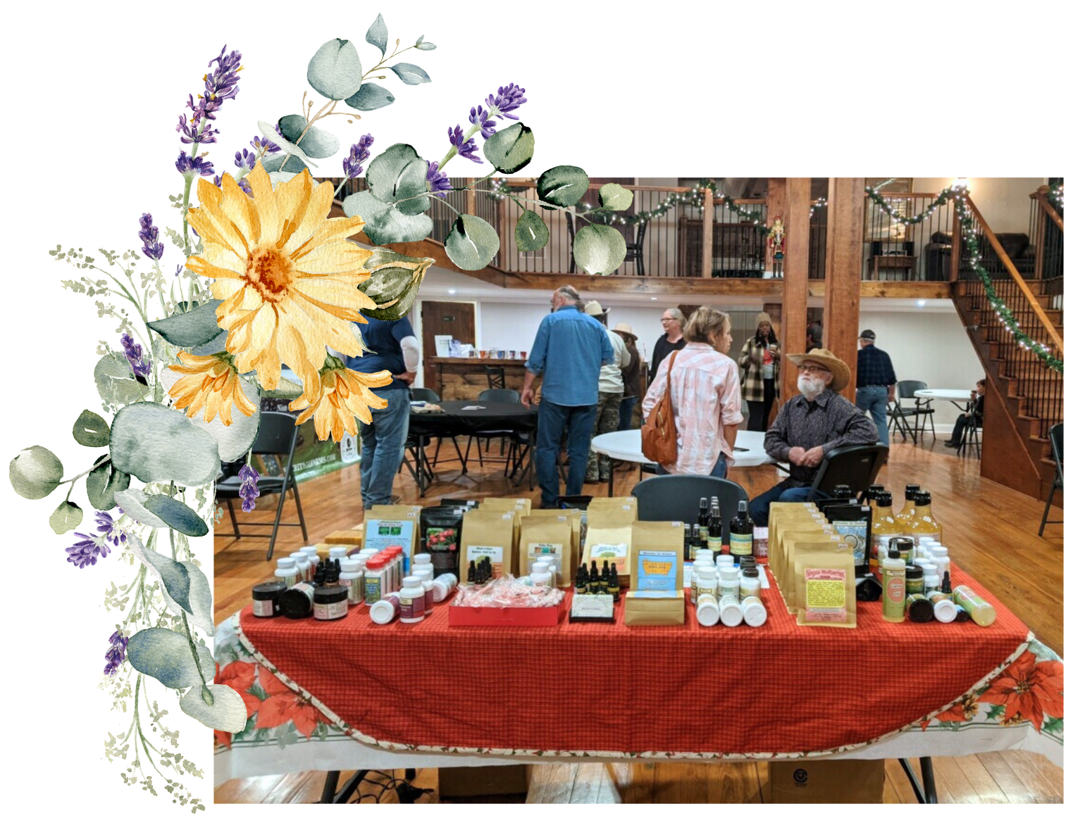 A group of people are standing around a table with flowers on it.