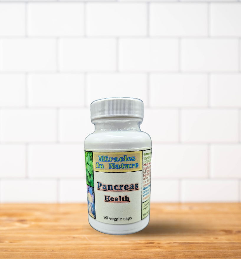 A bottle of pancreas health pills is sitting on a wooden table.