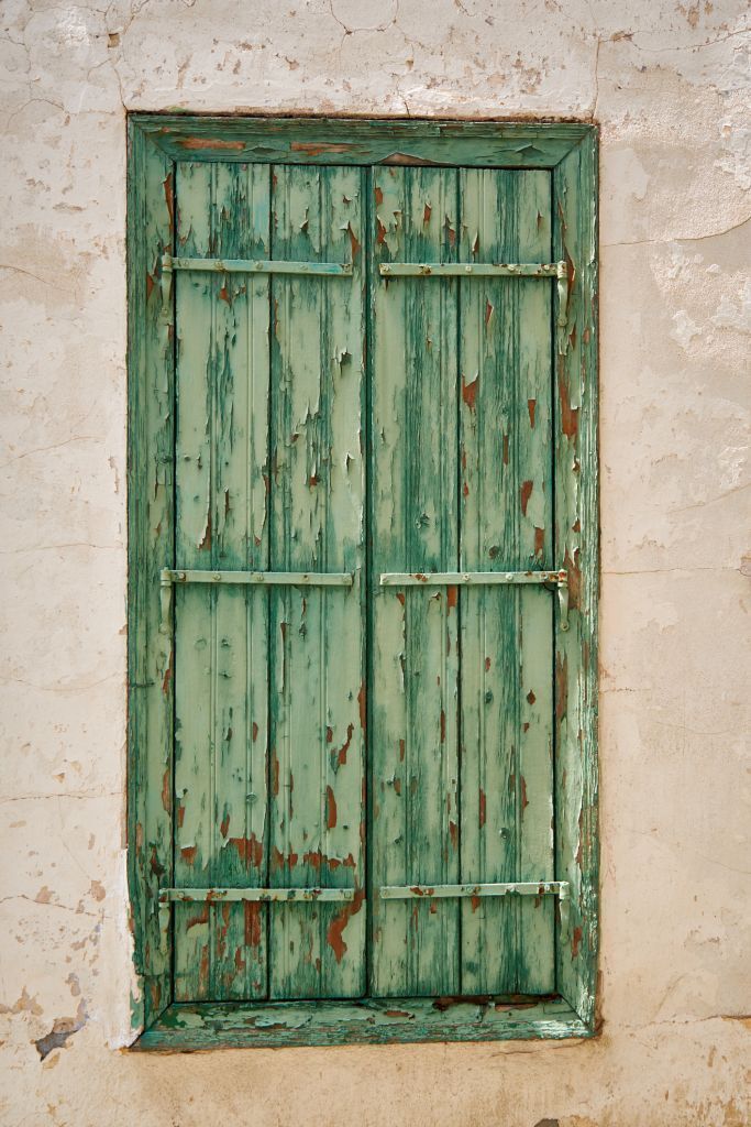 Laser clean weathered green shutters
