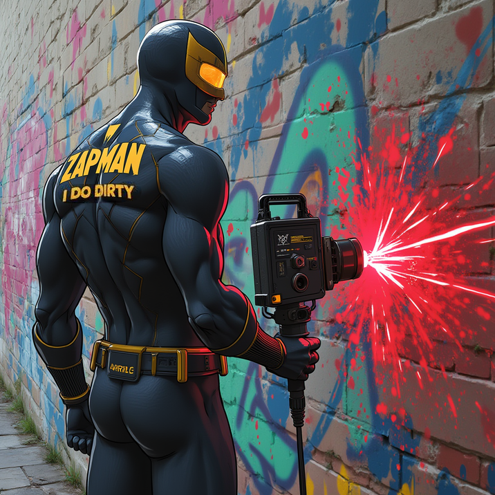 Zapman, a superhero, uses a laser-like device to remove graffiti from a brick wall, using the latest laser tecnología. #lasercleaning #lasercleaningcostablanca #removegraffiti  