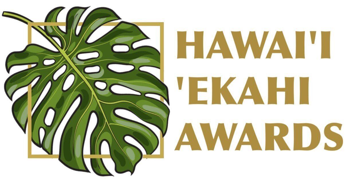 The logo for the hawaii 's ' ekahi awards shows a green leaf in a gold frame.