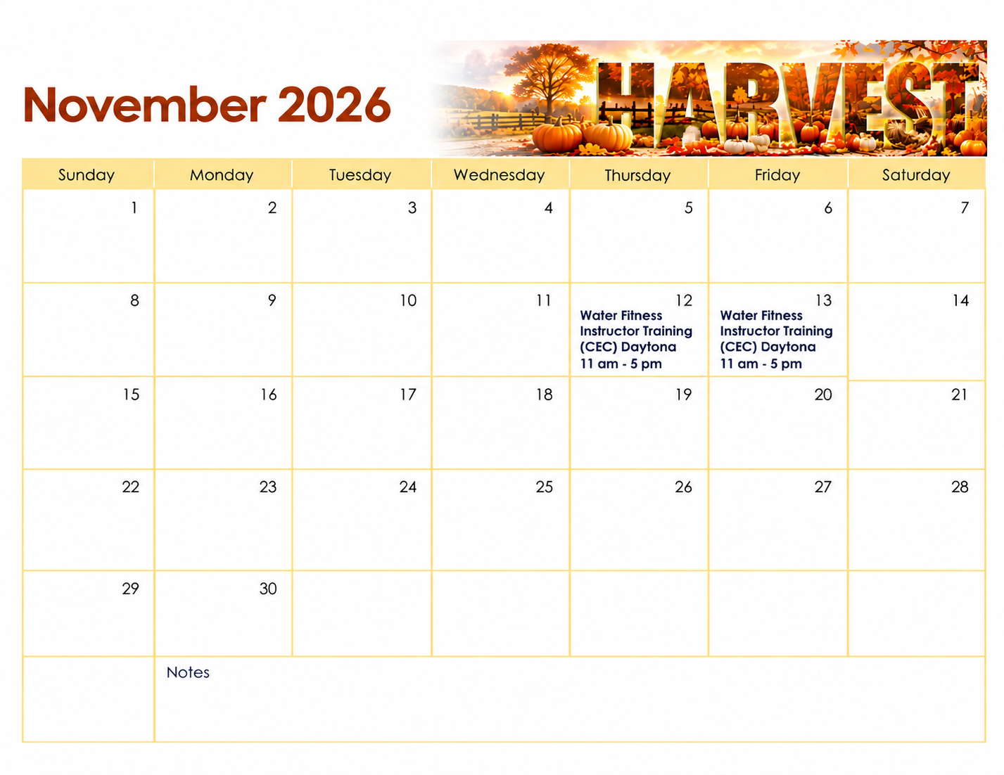 November 2026 harvest-themed calendar with orange autumn leaves and a monthly grid.