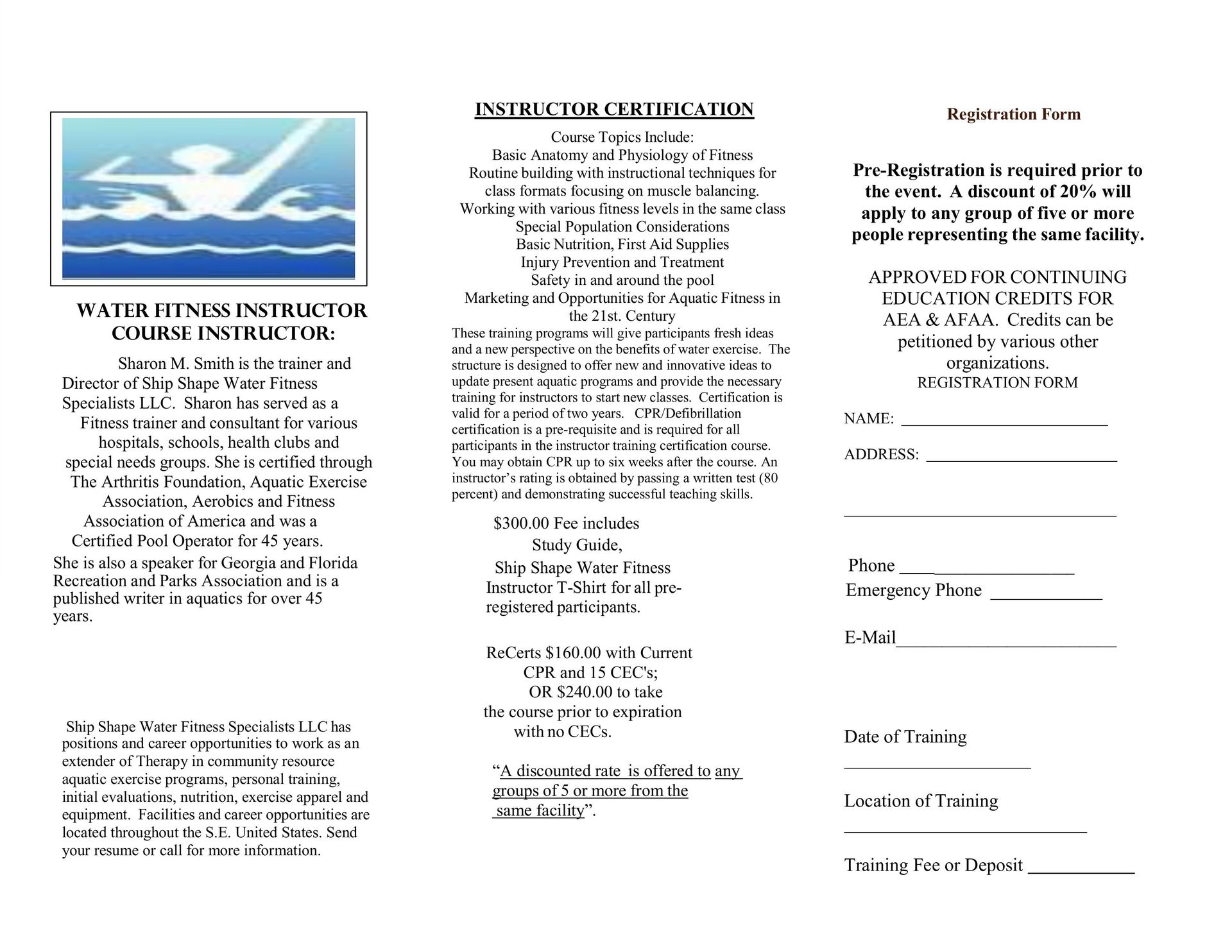 Three-column brochure with photos, text blocks, and a cream-colored form on the right.