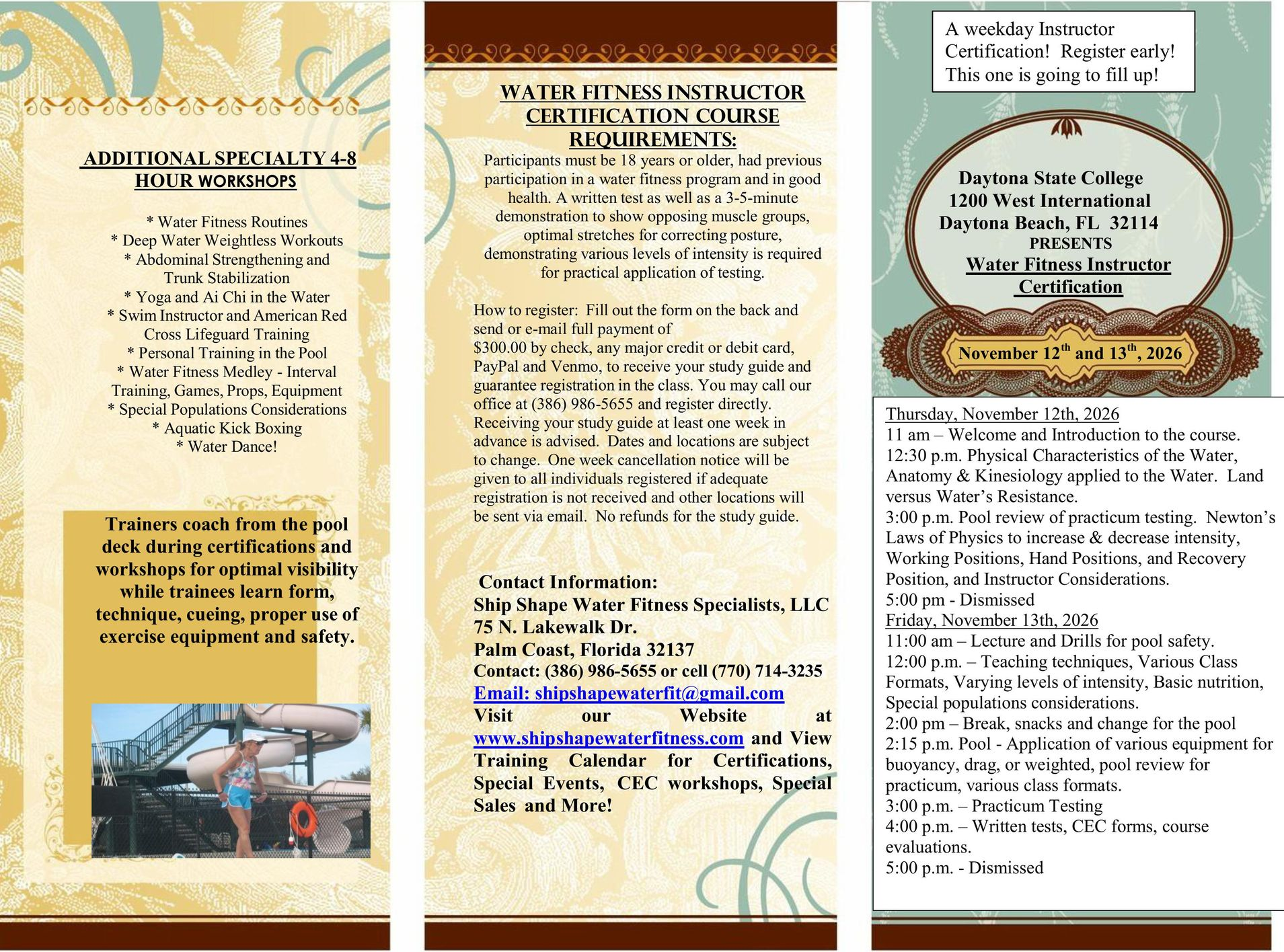 Three-column infographic with text blocks on a cream patterned background and a small photo at the bottom left