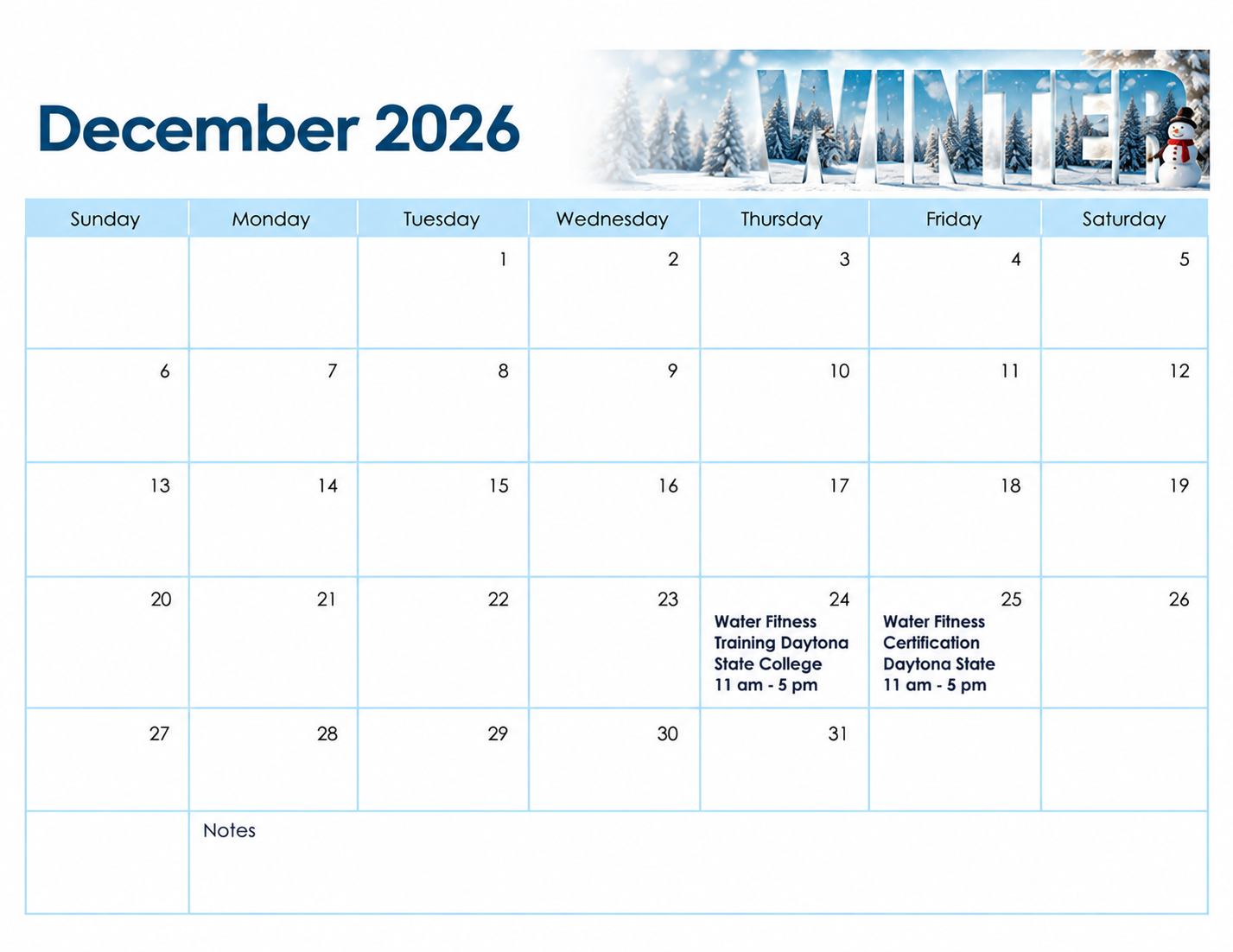 December 2026 winter-themed calendar with blue header and monthly grid dates