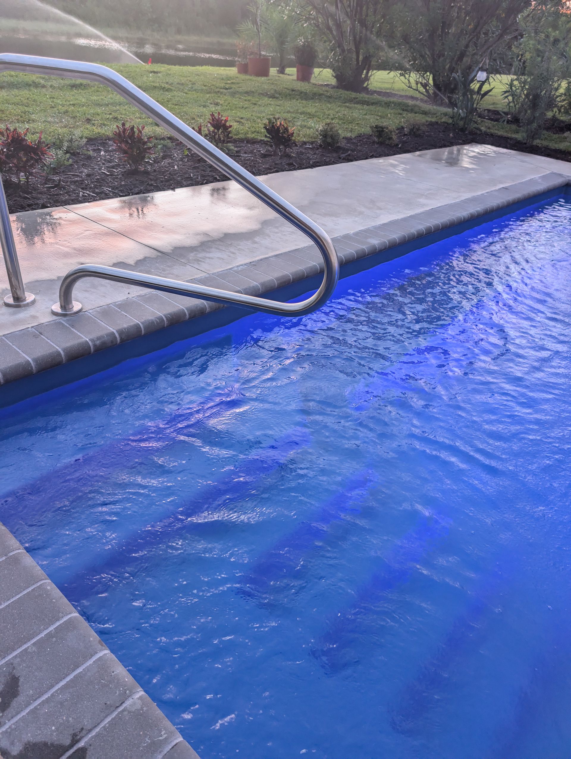 Blue swimming pool with metal handrails and stone coping beside a landscaped lawn.