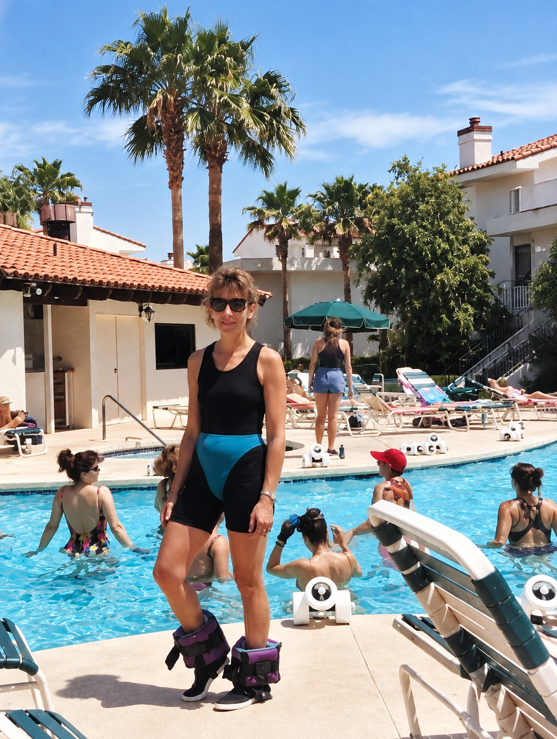 Person on rollerblades beside a swimming pool, with people lounging and swimming in a sunny resort setting.