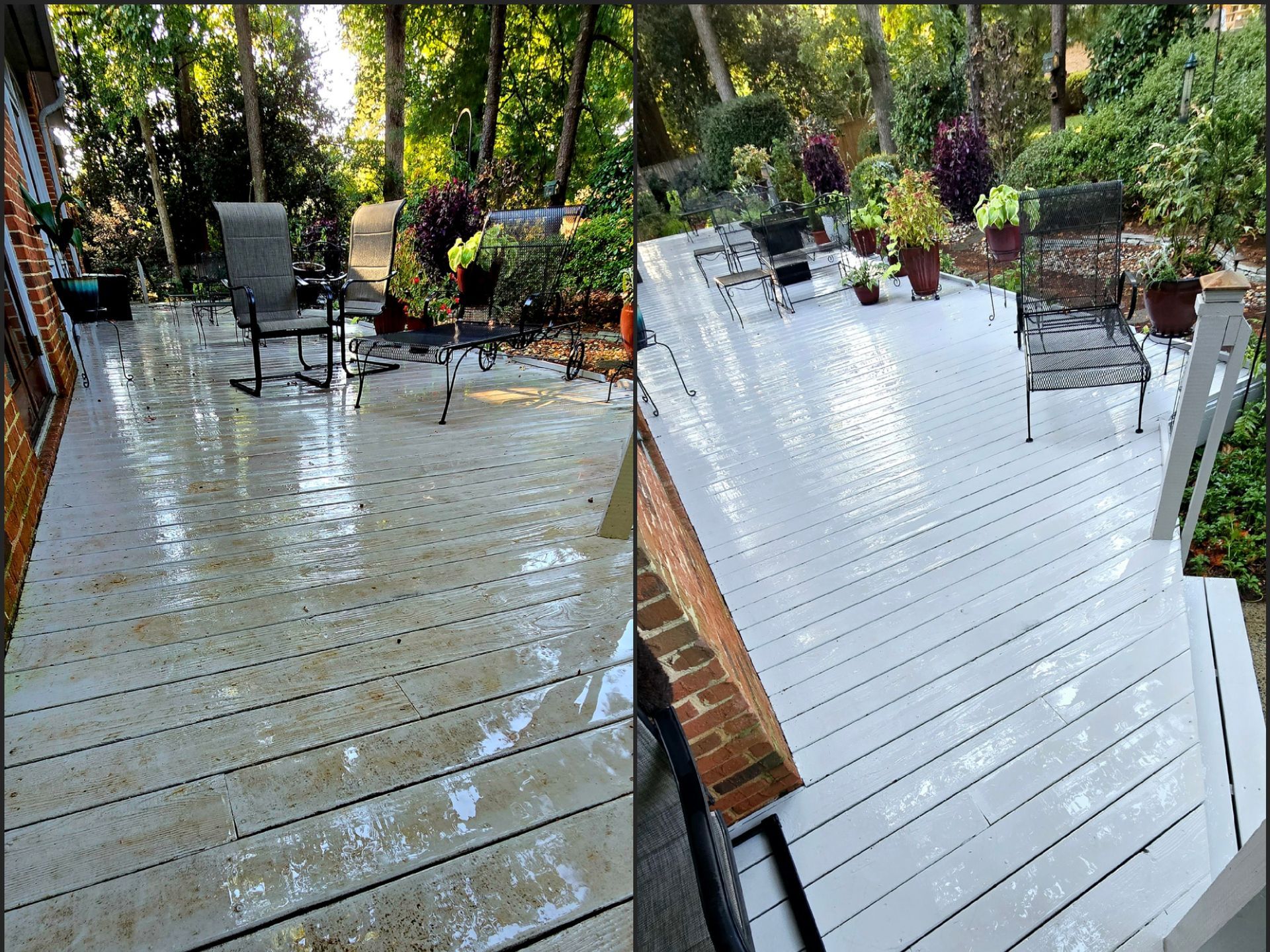 Before and after view of a white painted deck, wet and dirty on the left, clean and bright on the right, with plants and chairs.