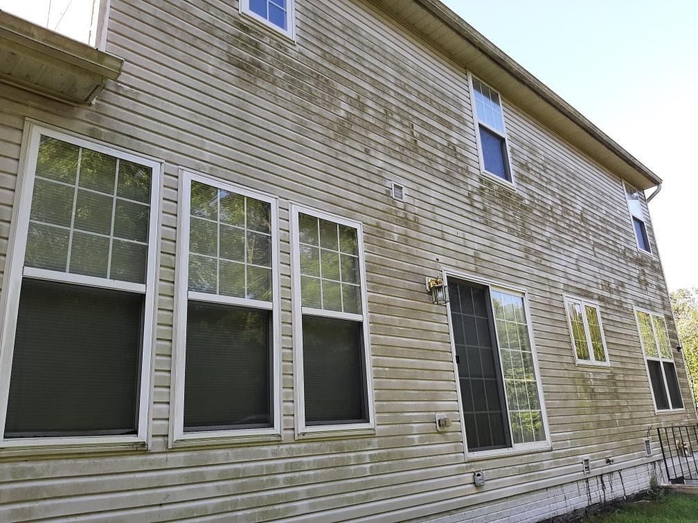 Exterior of a two-story house with dirty, moldy siding and multiple windows.