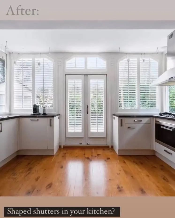 Bright Kitchen With White Cabinets, Wood Floors, and French Doors With Shutters — Paint Place Cowra in Cowra, NSW
