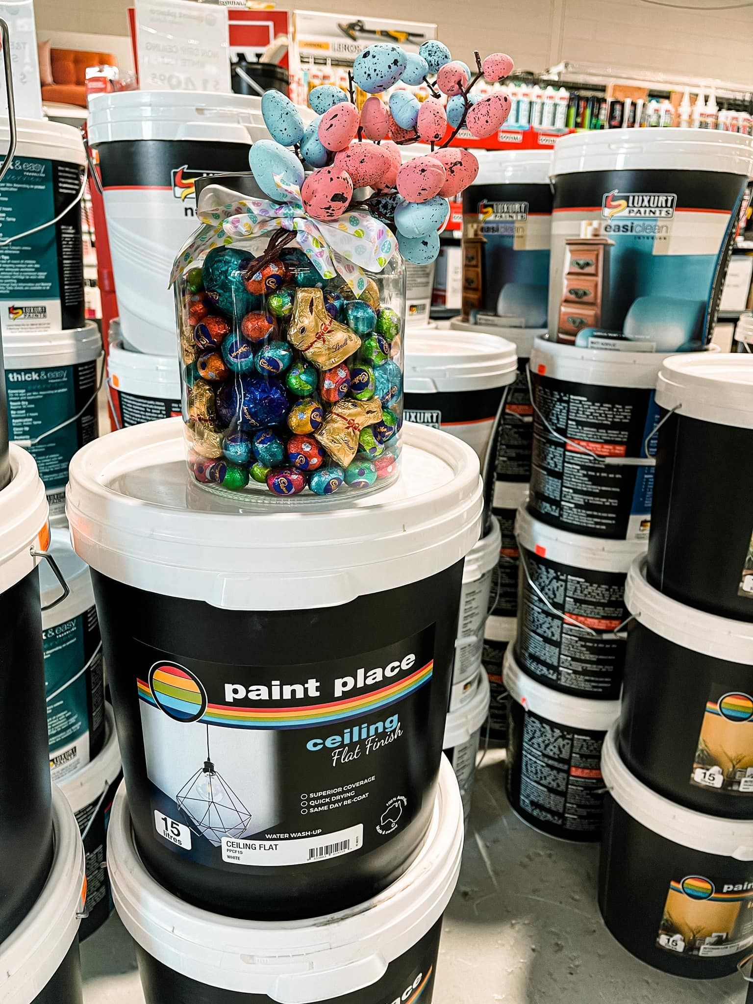 Paint Buckets Stacked in a Store Display — Paint Place Cowra in Orange, NSW