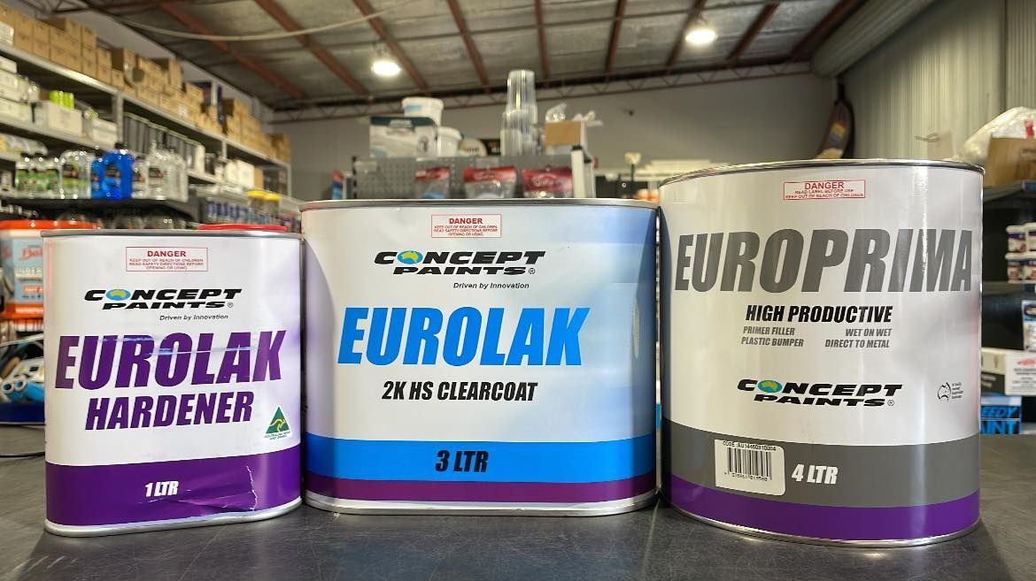 Three Paint Cans Labeled Eurolak, Eurolak Hardener — Paint Place Cowra in Young, NSW