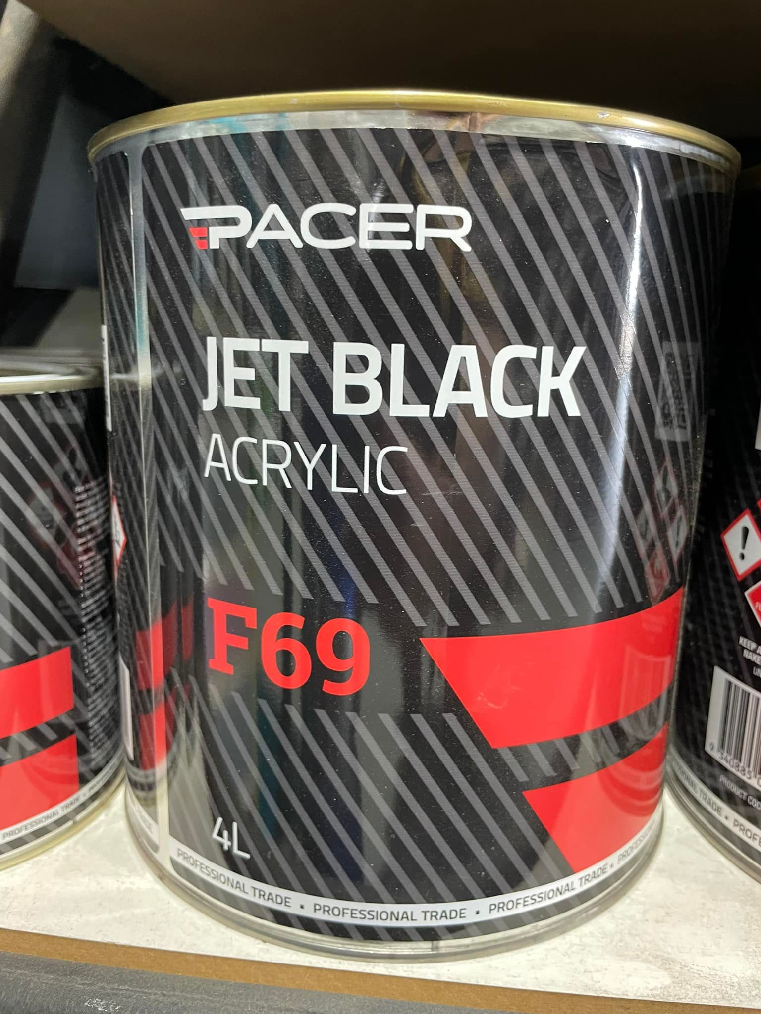 Can of Pacer Jet Black Acrylic Paint, F69, 4l, With Black and Red Label on a Shelf — Paint Place Cowra in Forbes, NSW