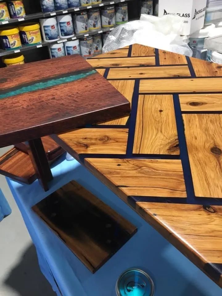 Wooden Table With a Blue Inlaid Design — Paint Place Cowra in Cowra, NSW