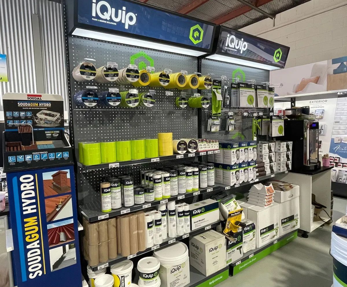 IQuip Hardware Display With Hoses, Fittings, Bottles, and Tools on Shelves — Paint Place Cowra in Cowra, NSW