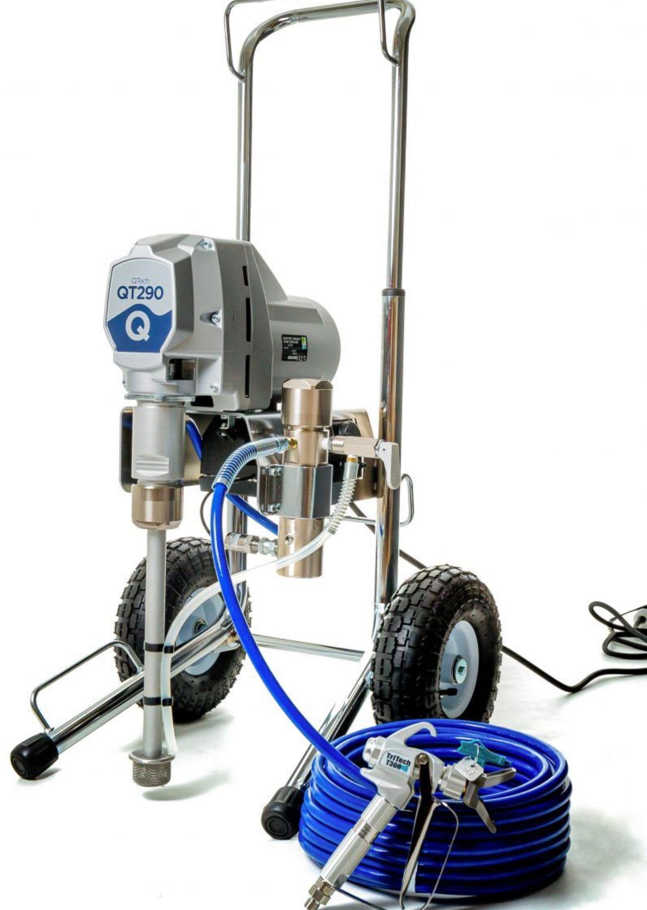 Paint Sprayer on Wheeled Stand With Blue Hose and Coiled Cable — Paint Place Cowra in Cowra, NSW