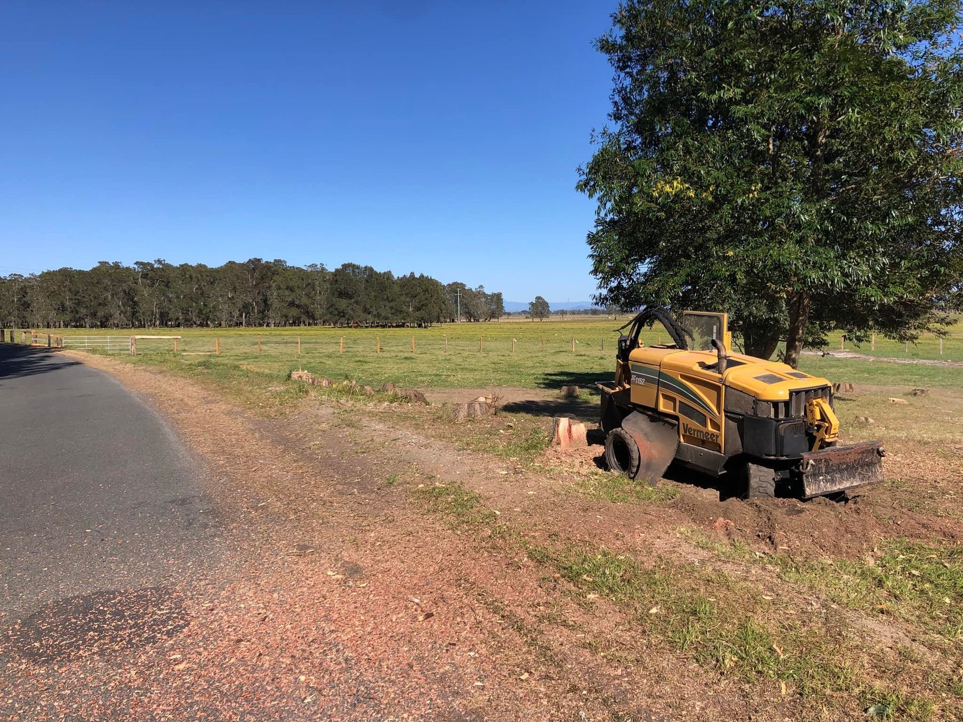 Yellow Stump Grinder Beside Tree on Field Edge; Road on Left — MNC Trees in Bonny Hills, NSW