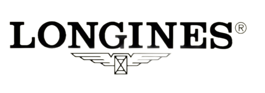 Logo Longines in caratteri serif neri con emblema a clessidra alata su sfondo bianco.